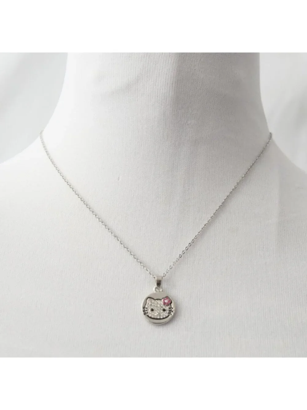 Sanrio Hello Kitty Rhinestone Pendant Necklace Silver Chain Pink Flower Charm